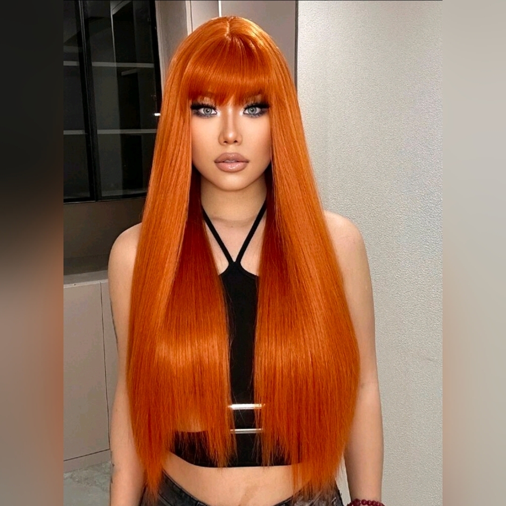 28 Inch Ginger Orange Straight Synthetic Hair Wig With Bang